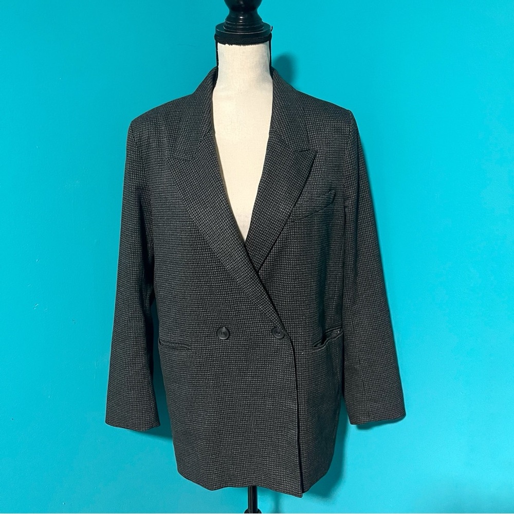 H&M M Dark Gray Plaid Double Breasted Longline Blazer Jacket